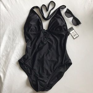 NWT Black halter one-piece, cut-out back swimsuit